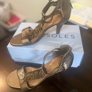 AEROSOLES Bronze Sandals with Ankle Strap and 3 1/2 inch heel.